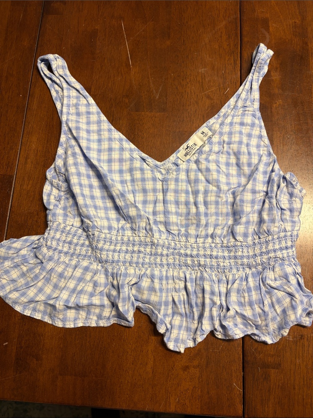 Hollister Light Blue Gingham Smocked Peplum Cami
